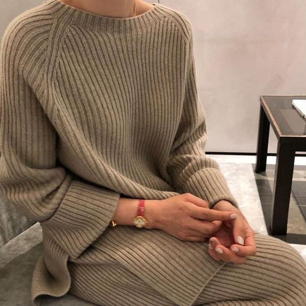 women's tracksuits autumn winter 2 pieces knit sets causal long sleeve o-neck sweater + wide leg pants korean suits solid pullover, Gray 
women's tracksuits autumn winter 2 pieces knit sets causal long sleeve o-neck sweater + wide leg pants korean suits solid pullover, Gray