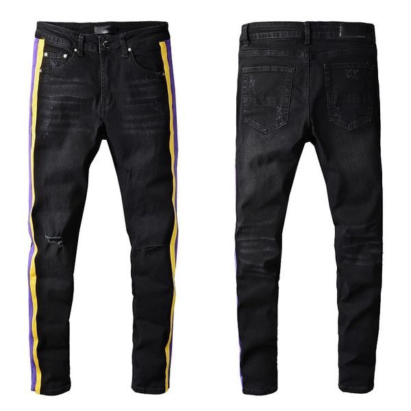 21 spring and summer fashion men's jeans striped stitching slim-fit ripped micro-elastic designer jeans, Blue
21 spring and summer fashion men's jeans striped stitching slim-fit ripped micro-elastic designer jeans, Blue