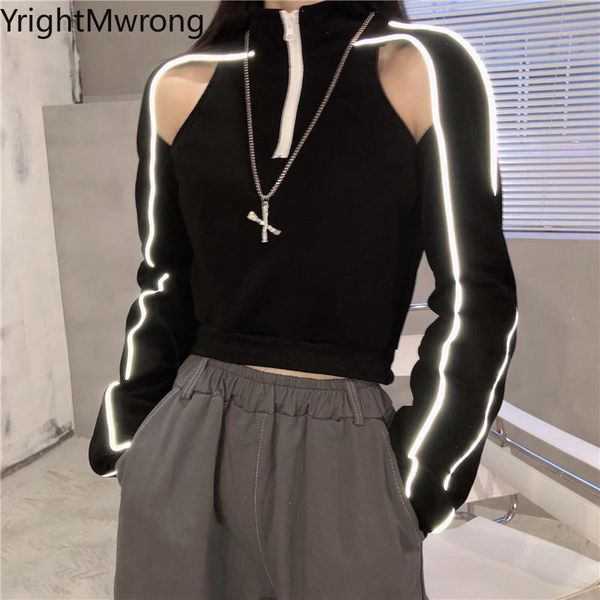 women's hoodies & sweatshirts cut hollow reflective striped zipper high neck short sweatshirt pullover women slim crop fall tracksu, Black
women's hoodies & sweatshirts cut hollow reflective striped zipper high neck short sweatshirt pullover women slim crop fall tracksu, Black