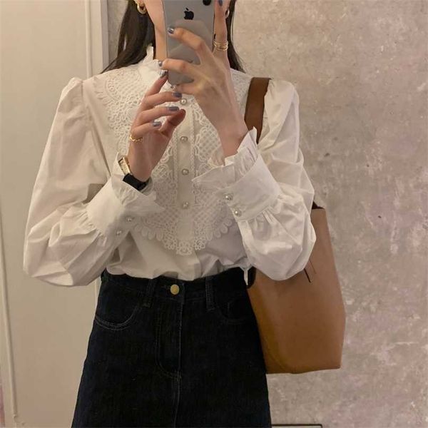 french ruffles brief ol stylish women blouses loose fulls sleeves pearls all match stand office lady shirts 210525, White
french ruffles brief ol stylish women blouses loose fulls sleeves pearls all match stand office lady shirts 210525, White