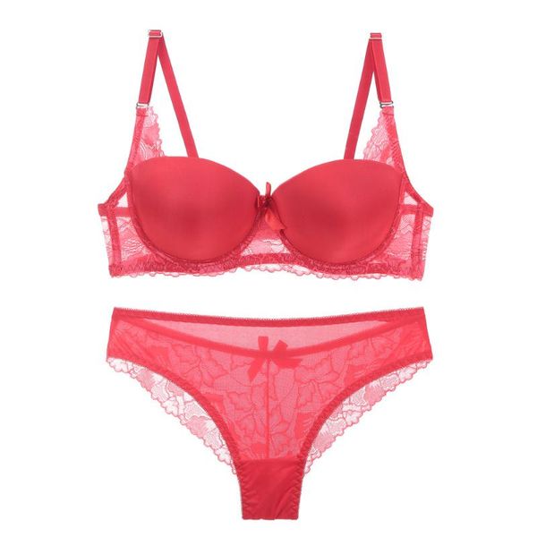 bras sets thin cup smooth half push up bra lace cotton bow plus size pink lingerie underwear women set, Red;black 
bras sets thin cup smooth half push up bra lace cotton bow plus size pink lingerie underwear women set, Red;black