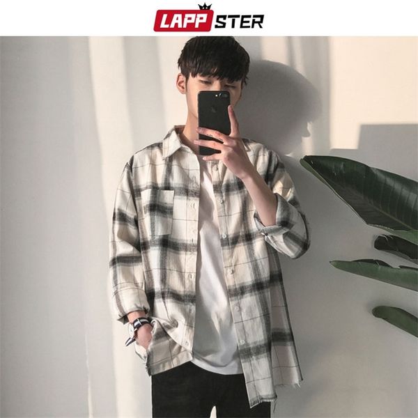 lappster men hip hop plaid shirts male korean fashion streetwear white loose vintage oversized clothing 210721, White;black
lappster men hip hop plaid shirts male korean fashion streetwear white loose vintage oversized clothing 210721, White;black