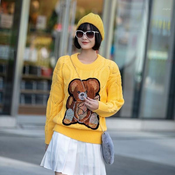 women fashion solid color yellow cute bear sweater cartoon pullover for women's sweaters, White;black
women fashion solid color yellow cute bear sweater cartoon pullover for women's sweaters, White;black