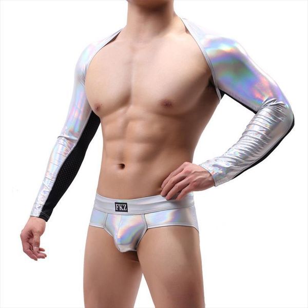 man shoulder shinny pu leather patchwork crop long sleeve men harness bodybuilding stage costume gay exotic tanks, White;black 
man shoulder shinny pu leather patchwork crop long sleeve men harness bodybuilding stage costume gay exotic tanks, White;black