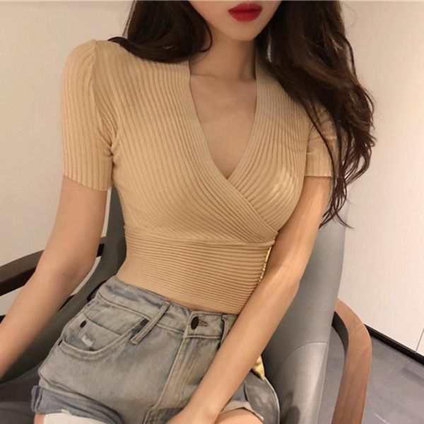 women's t-shirt spring and summer 2021 knitted women v-neck cross wear short sleeve slim with bottom coat inside, White
women's t-shirt spring and summer 2021 knitted women v-neck cross wear short sleeve slim with bottom coat inside, White