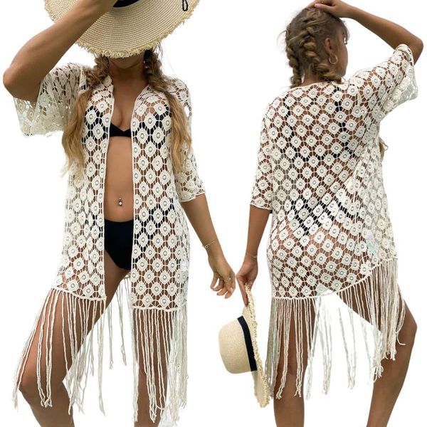 women's swimwear swimsuit cover ups, middle sleeve open front sheer floral crochet flowy kimono, White;black
women's swimwear swimsuit cover ups, middle sleeve open front sheer floral crochet flowy kimono, White;black
