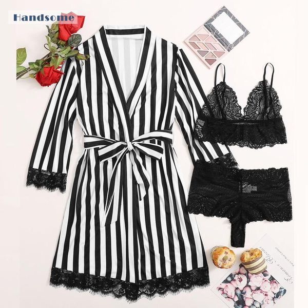 women's sleepwear ladies black and white striped print pajamas robe set lace satin lingerie home service 3-piece nightwear #4, Black;red
women's sleepwear ladies black and white striped print pajamas robe set lace satin lingerie home service 3-piece nightwear #4, Black;red