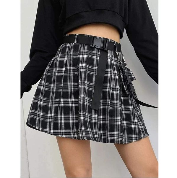 women summer skirt belts pockets lattice chain punk pleated uniform plaid skirts for, Black
women summer skirt belts pockets lattice chain punk pleated uniform plaid skirts for, Black