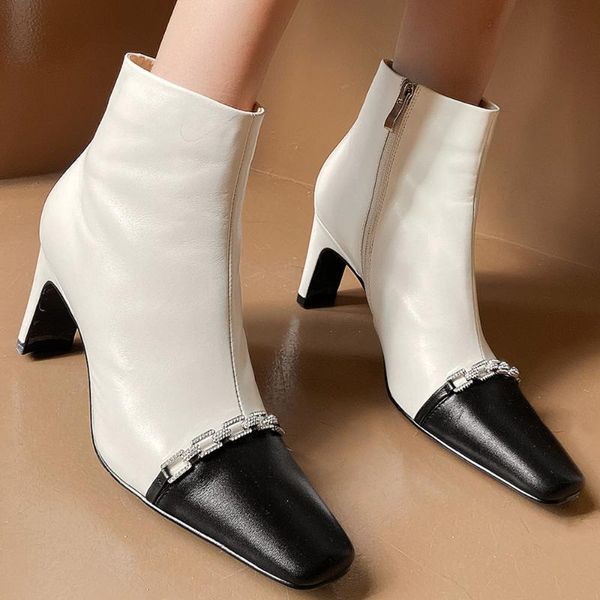 boots women's genuine leather thin high heel square oe mix color patchwork autumn ankle chain decoration elegant ladies shoes, Black
boots women's genuine leather thin high heel square oe mix color patchwork autumn ankle chain decoration elegant ladies shoes, Black