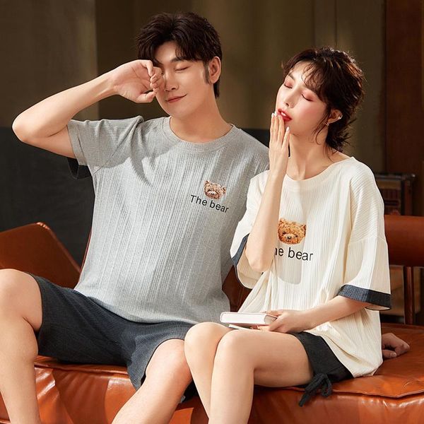 men's sleepwear summer knitted cotton couple pajamas set cartoon o-neck short sleeve womens loose leisure simple gray mens homewear, Black;brown
men's sleepwear summer knitted cotton couple pajamas set cartoon o-neck short sleeve womens loose leisure simple gray mens homewear, Black;brown