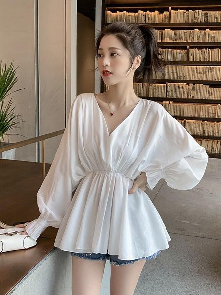women's blouses & shirts 2021 women deep v-neck batwing sleeve pleated basic ruffles shirt casual lady elastic high waist loose size pu, White
women's blouses & shirts 2021 women deep v-neck batwing sleeve pleated basic ruffles shirt casual lady elastic high waist loose size pu, White
