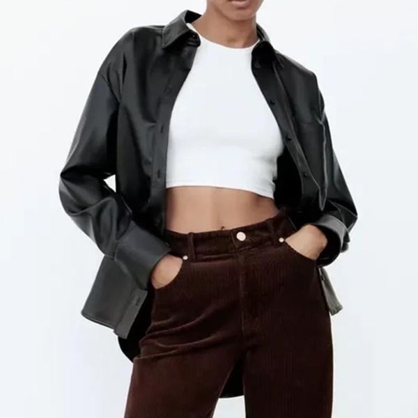 women's jackets 2021 black faux leather overshirts woman fashion lepel long sleeve autumn vintage chic button female coats clothing, Black;brown
women's jackets 2021 black faux leather overshirts woman fashion lepel long sleeve autumn vintage chic button female coats clothing, Black;brown
