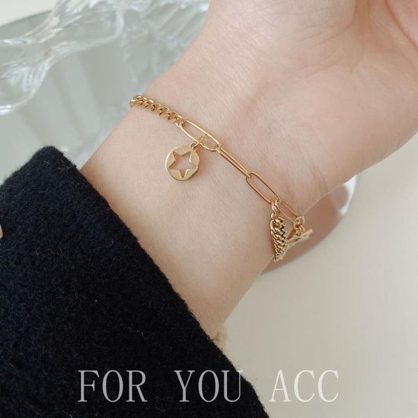 link, chain personality stitching five-pointed star pendant titanium steel bracelet female fashion real gold plated hand jewelry, Black
link, chain personality stitching five-pointed star pendant titanium steel bracelet female fashion real gold plated hand jewelry, Black