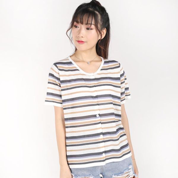 women's knits & tees 2021 knitted cardigan sweater summer ice silk small fresh stripe short shirt blouse, White
women's knits & tees 2021 knitted cardigan sweater summer ice silk small fresh stripe short shirt blouse, White