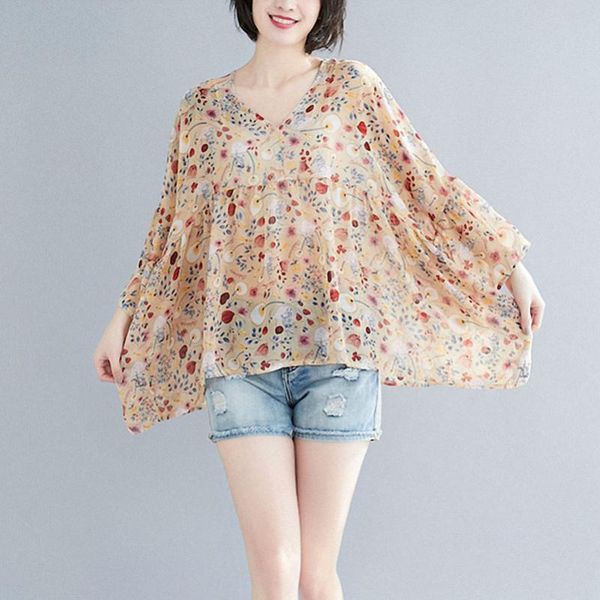 women's t-shirt qpfjqd spirng summer women floral printed shirts bat sleeve fairy chiffon ladies v-neck loose casual t-shirts oversize, White
women's t-shirt qpfjqd spirng summer women floral printed shirts bat sleeve fairy chiffon ladies v-neck loose casual t-shirts oversize, White