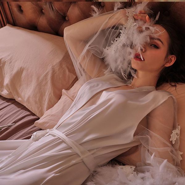 women's sleepwear stitching mesh yarn feather cuffs robe embroidery lace-up long nightgown satin silky cardigan pajama women elegant ho, Black;red
women's sleepwear stitching mesh yarn feather cuffs robe embroidery lace-up long nightgown satin silky cardigan pajama women elegant ho, Black;red