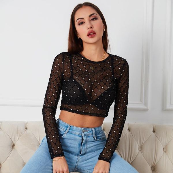 women sheer mesh crop black shiny rhinestone long sleeve round neck solid color fishnet t-shirts chic s l women's t-shirt, White
women sheer mesh crop black shiny rhinestone long sleeve round neck solid color fishnet t-shirts chic s l women's t-shirt, White