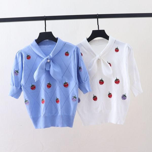 t shirt 2021 spring and summer bow strawberry embroidery pullover sweater women's thin short sleeve blue top, White
t shirt 2021 spring and summer bow strawberry embroidery pullover sweater women's thin short sleeve blue top, White