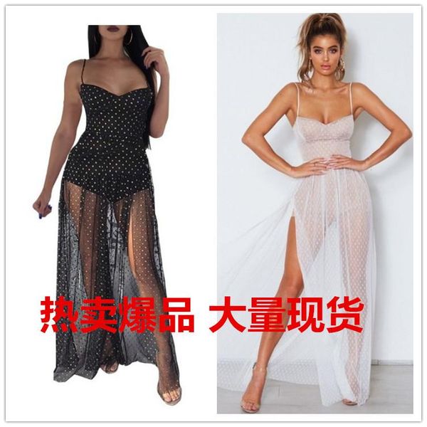 casual dresses summer spaghetti strap mesh polka dot dress women split maxi street style club for beach, Black;gray
casual dresses summer spaghetti strap mesh polka dot dress women split maxi street style club for beach, Black;gray