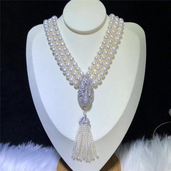 chains hand knotted natural 8-9mm white freshwater pearl necklace peacock zircon pendant tassel personality fashion, Silver
chains hand knotted natural 8-9mm white freshwater pearl necklace peacock zircon pendant tassel personality fashion, Silver
