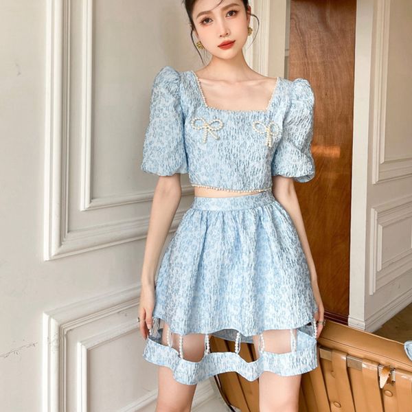 two piece dress sweet beading 2 set women bubble sleeve bowknot pearl crop + skirts sets summer fashion casual suits dshm, White
two piece dress sweet beading 2 set women bubble sleeve bowknot pearl crop + skirts sets summer fashion casual suits dshm, White