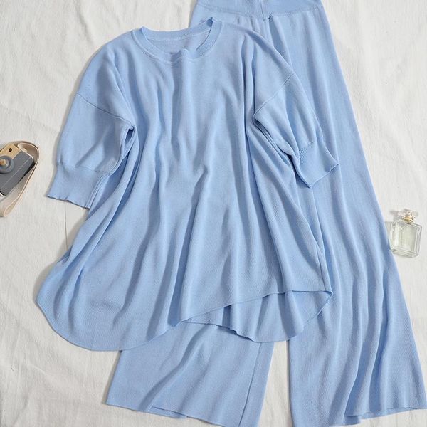 women's two piece pants summer elegant casual knit thin irregular o neck with high-waist wide-leg set trousers knitted two-piece suit, White
women's two piece pants summer elegant casual knit thin irregular o neck with high-waist wide-leg set trousers knitted two-piece suit, White