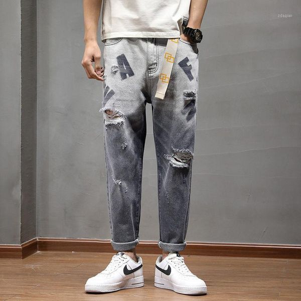 men's jeans personality ripped letter printed youth gradient washed denim trousers hip hop streetwear casual summer spring, Blue
men's jeans personality ripped letter printed youth gradient washed denim trousers hip hop streetwear casual summer spring, Blue