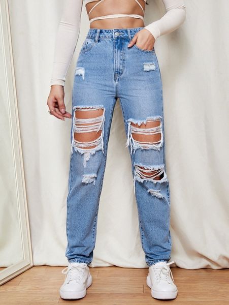 ripped detail straight leg jeans c2zj#, Blue