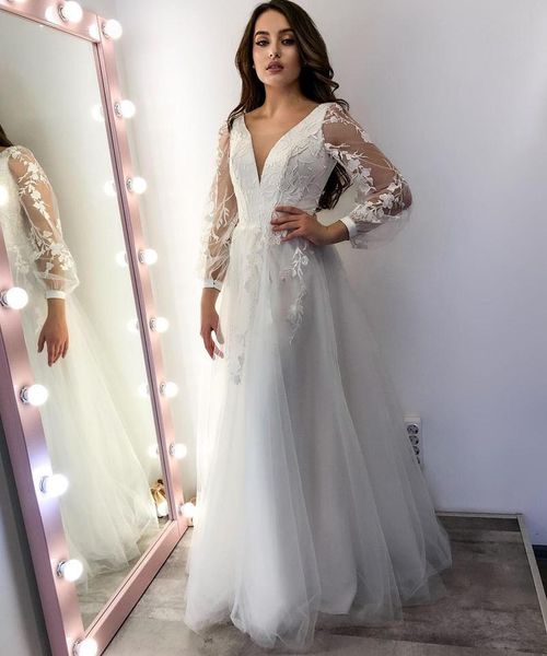 2022 v neck wedding dresses with applique lace up back bridal gowns plus size long sleeves floor length tulle vestidos de fiesta, White
2022 v neck wedding dresses with applique lace up back bridal gowns plus size long sleeves floor length tulle vestidos de fiesta, White