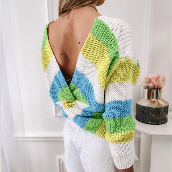 women's sweaters 2021 women backless knit sweater color block v neck long sleeves striped casual fashion chic lady woman pullovers, White;black
women's sweaters 2021 women backless knit sweater color block v neck long sleeves striped casual fashion chic lady woman pullovers, White;black