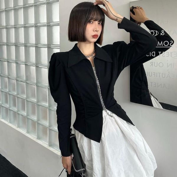 women's t-shirt high waist split zipper long-sleeved shirt women spring and autumn solid color collar puff sleeve chic top, White
women's t-shirt high waist split zipper long-sleeved shirt women spring and autumn solid color collar puff sleeve chic top, White