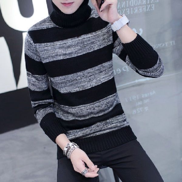 mens autumn and winter hedging horizontal thick wool leisure knit sweater turtleneck, White;black
mens autumn and winter hedging horizontal thick wool leisure knit sweater turtleneck, White;black