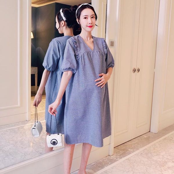 629# maternity clothes summer cotton v neck plaid short sleeves loose stylish dress pregnant women mom dresses, White
629# maternity clothes summer cotton v neck plaid short sleeves loose stylish dress pregnant women mom dresses, White