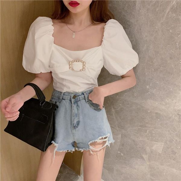 women's blouses & shirts spring and summer vintage puff sleeve design slash neck beading office lady solid color slim fashion thin blou, White
women's blouses & shirts spring and summer vintage puff sleeve design slash neck beading office lady solid color slim fashion thin blou, White