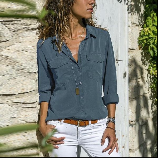 women blouses womens fashion v neck shirts long sleeve pockets design blusas turn down collar solid colors femininas, White
women blouses womens fashion v neck shirts long sleeve pockets design blusas turn down collar solid colors femininas, White