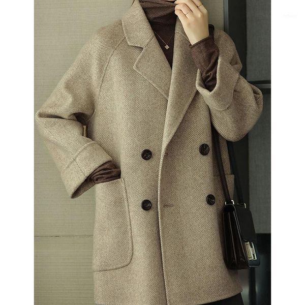 women's wool & blends herringbone woolen coat women 2021 mid-length double-breasted cocoon, Black
women's wool & blends herringbone woolen coat women 2021 mid-length double-breasted cocoon, Black