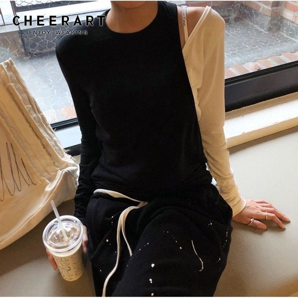 one shoulder women black and white long sleeve t shirt cold casual tee fall clothes 210427
one shoulder women black and white long sleeve t shirt cold casual tee fall clothes 210427