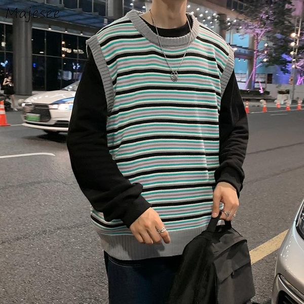 men's vests o-neck striped men simple high street casual panelled retro chic sleeveless outerwear baggy thermal knitwear waistcoats bf, Black;white
men's vests o-neck striped men simple high street casual panelled retro chic sleeveless outerwear baggy thermal knitwear waistcoats bf, Black;white