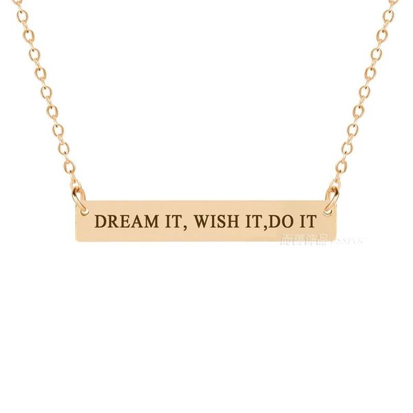 pendant necklaces inspirational quote jewelry " dream it, wish do it" engraved horizontal bar clavicle necklace women fashion, Silver