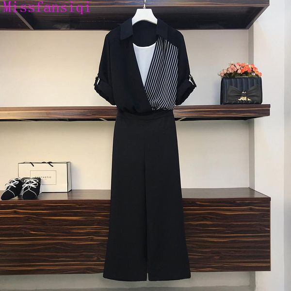 hit summer tracksuit women patchwork striated fake two-piece shirt + black wide leg pants ladies suits female clothing women's two piec, White 
hit summer tracksuit women patchwork striated fake two-piece shirt + black wide leg pants ladies suits female clothing women's two piec, White