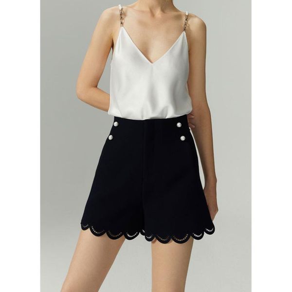 women's shorts women pants 2021 early autumn pearl hollow lace high waist navy blue trousers, White;black
women's shorts women pants 2021 early autumn pearl hollow lace high waist navy blue trousers, White;black