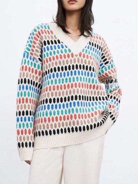 women's sweaters 2021 autumn and winter product retro lazy temperament v-neck contrast jacquard loose casual knitted pullover women, White;black
women's sweaters 2021 autumn and winter product retro lazy temperament v-neck contrast jacquard loose casual knitted pullover women, White;black