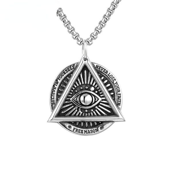 pendant necklaces megin d vintage punk personality triangle eye titanium steel rings for men women couple friend fashion design gift jewelry, Silver 
pendant necklaces megin d vintage punk personality triangle eye titanium steel rings for men women couple friend fashion design gift jewelry, Silver