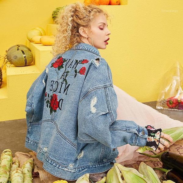 women's jackets fashionable spring and autumn korean embroidered hole loose denim jacket, Black;brown 
women's jackets fashionable spring and autumn korean embroidered hole loose denim jacket, Black;brown