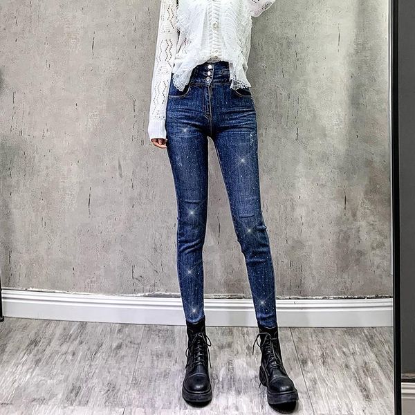 women's jeans high waist slimming 2021 autumn korean style fashionable rhinestone stretch tight tappered pencil pants, Blue
women's jeans high waist slimming 2021 autumn korean style fashionable rhinestone stretch tight tappered pencil pants, Blue