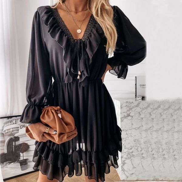 women dress 2021 spring autumn lace mini dress elegant long sleeve ruffle chiffon dress deep v neck ladies clothes vestidos, Black;gray
women dress 2021 spring autumn lace mini dress elegant long sleeve ruffle chiffon dress deep v neck ladies clothes vestidos, Black;gray