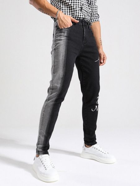 men letter embroidery contrast panel jeans d7m0#, Blue