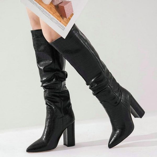 winter boots women crocodile pattern knee high fold imitation leather square pointed heel, Black
winter boots women crocodile pattern knee high fold imitation leather square pointed heel, Black