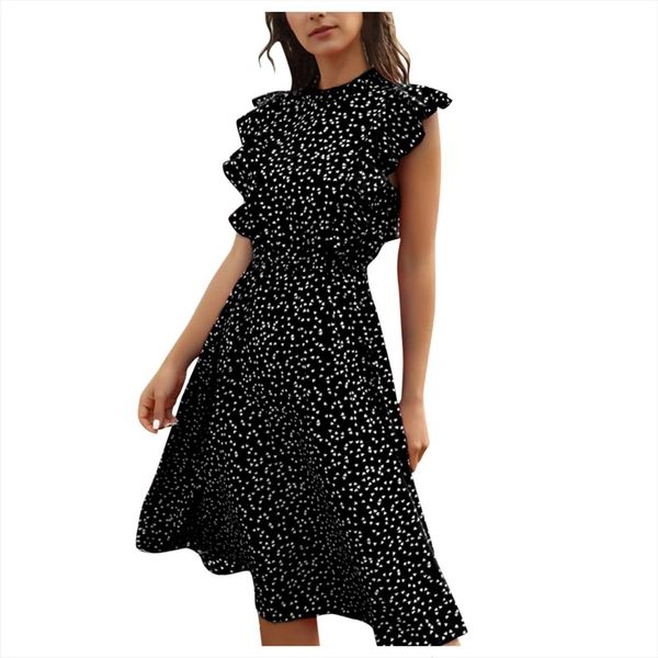 summer dot print casual women dress butterfly sleeve ruffles medium long chiffon fitted clothes to knees, Black;gray
summer dot print casual women dress butterfly sleeve ruffles medium long chiffon fitted clothes to knees, Black;gray