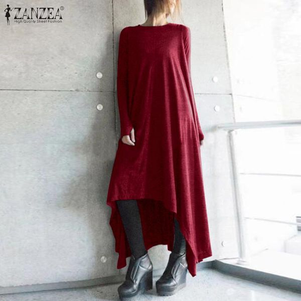 casual dresses 2021 autumn solid asymmetrical sundress zanzea women o neck dress long sleeve high low vestidos female robe kaftan, Black;gray 
casual dresses 2021 autumn solid asymmetrical sundress zanzea women o neck dress long sleeve high low vestidos female robe kaftan, Black;gray